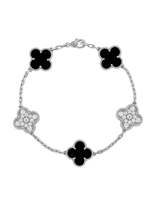 Gourmette five trèfles Noir Silver